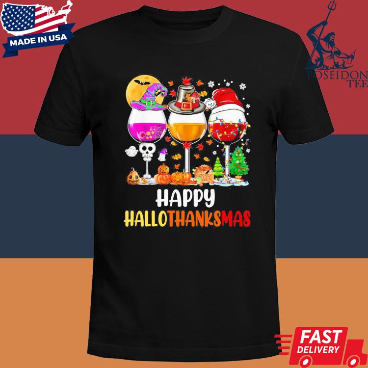 Official Happy hallothanksmas wine glasses wine T-shirt
