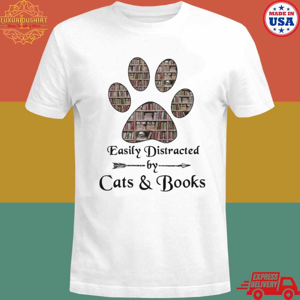 Official Easily distracted by cats paw and books T-shirt