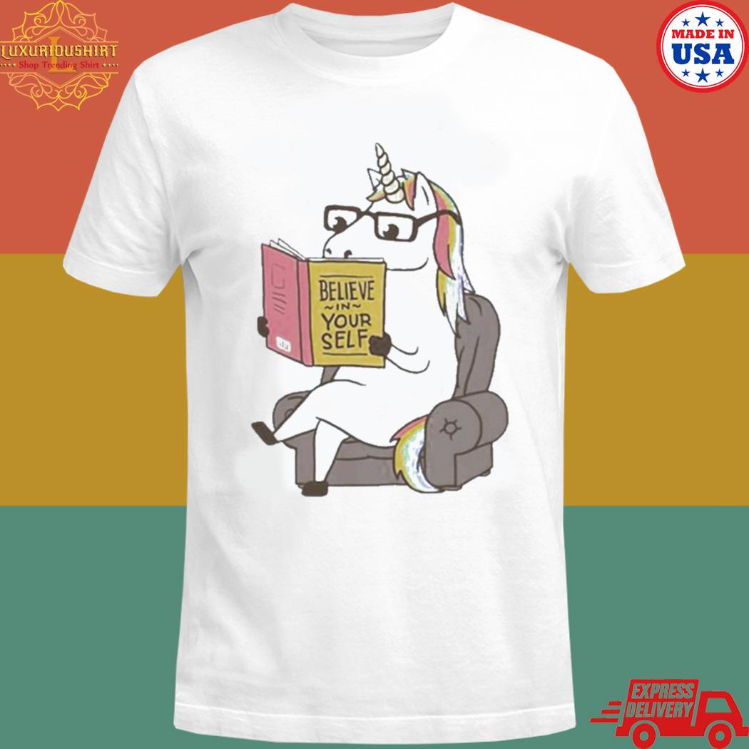 Official Unicorn reading book believe in your self T-shirt