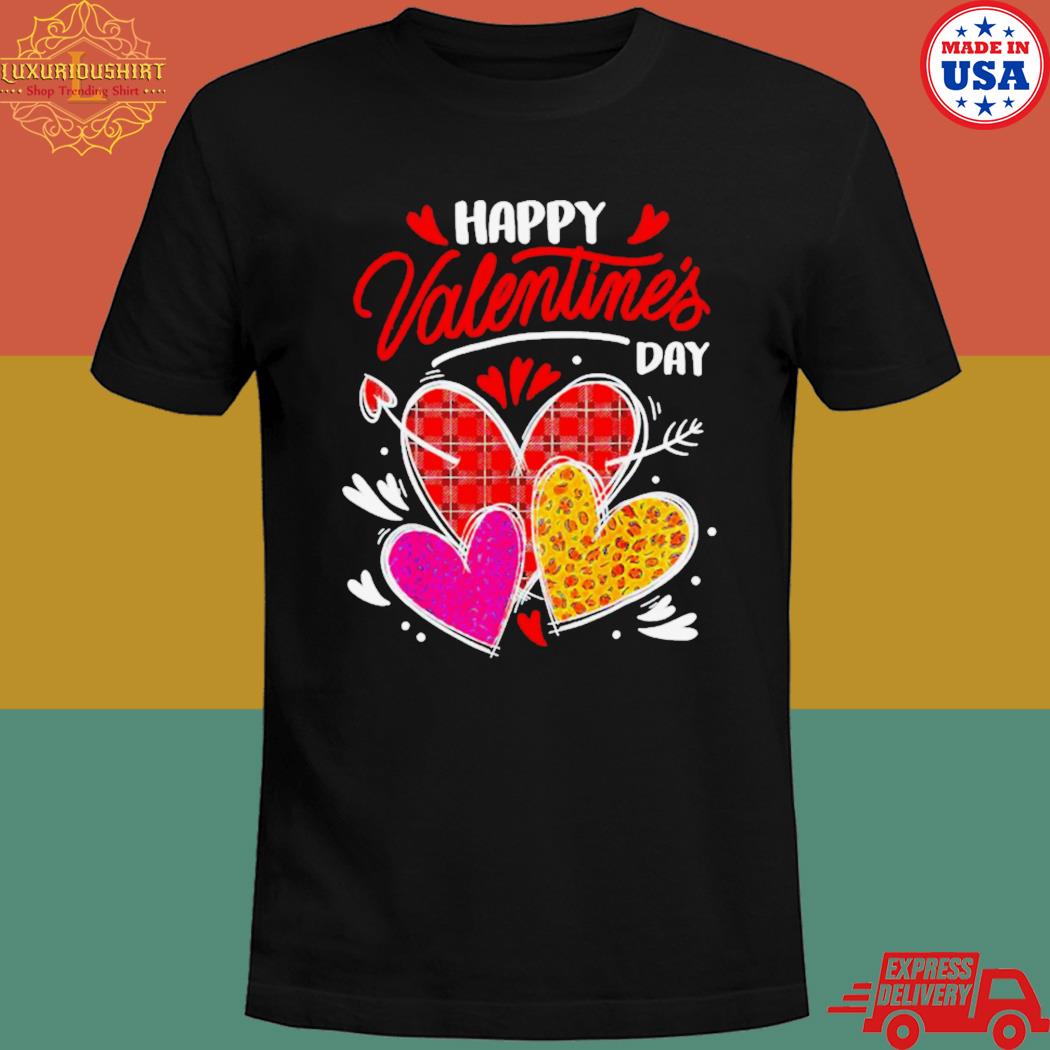 Official Happy valentine's day three leopard and plaid hearts girls T-shirt