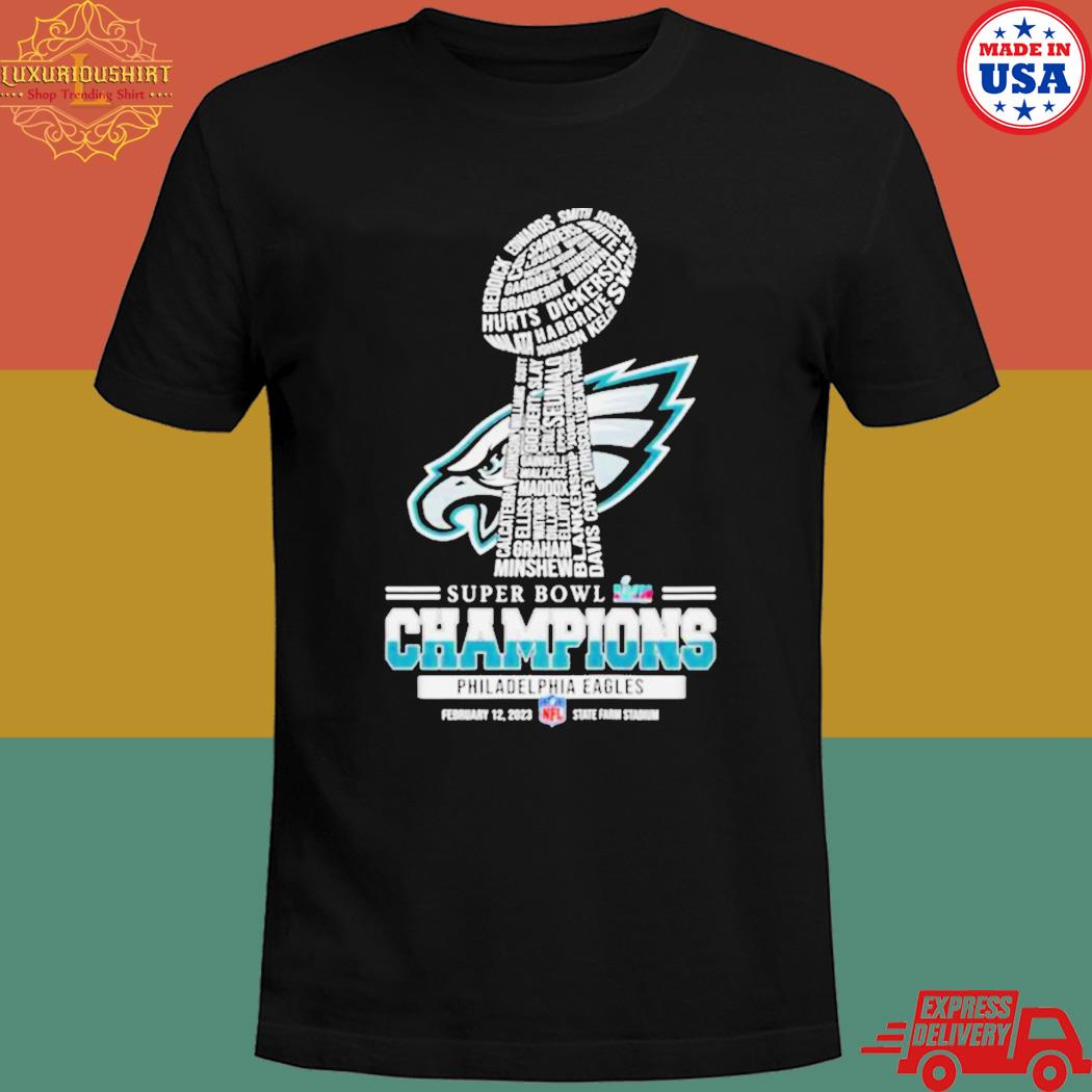 Official Philadelphia eagles super bowl lviI 2023 champions players names trophy T-shirt