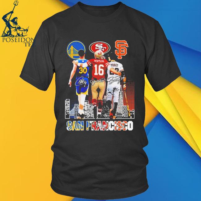 San francisco sports stephen curry Joe Montana and buster posey signatures  skyline 2023 T-shirt - Yeswefollow